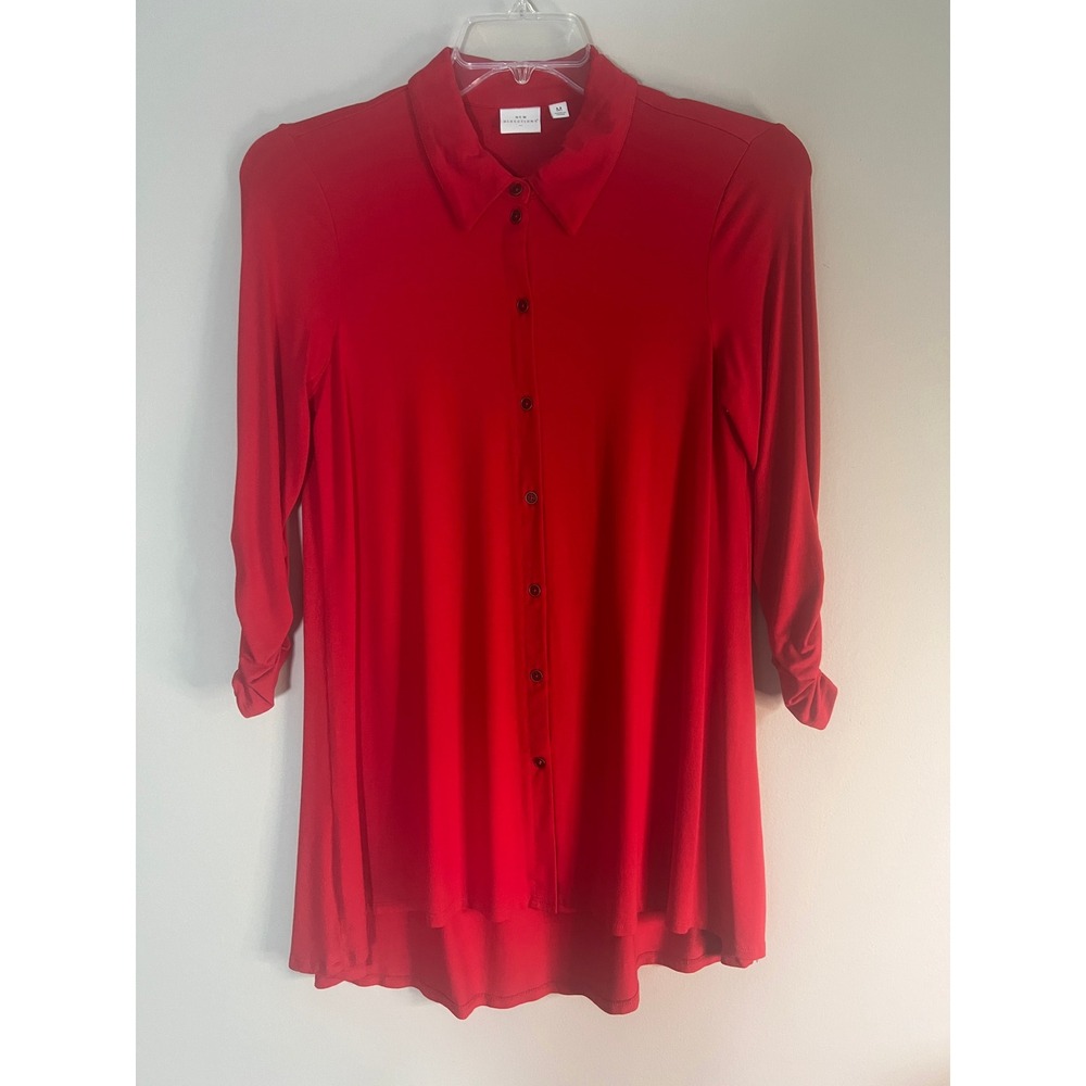 New Directions Red High Low Button Down Blouse Ruched Sleeve Cardigan Top Medium